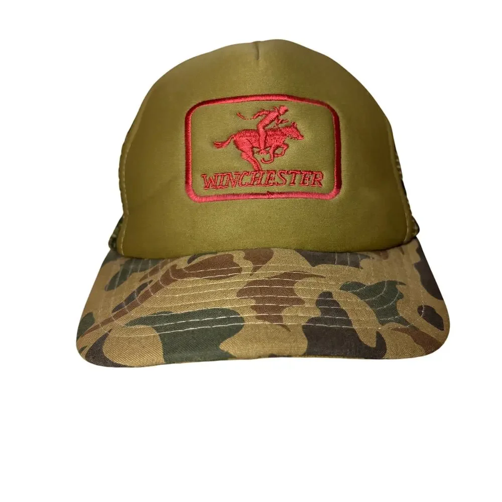 Vtg 80s WINCHESTER Camouflage Trucker Hat Embroidered Green Mesh Snapback Cap